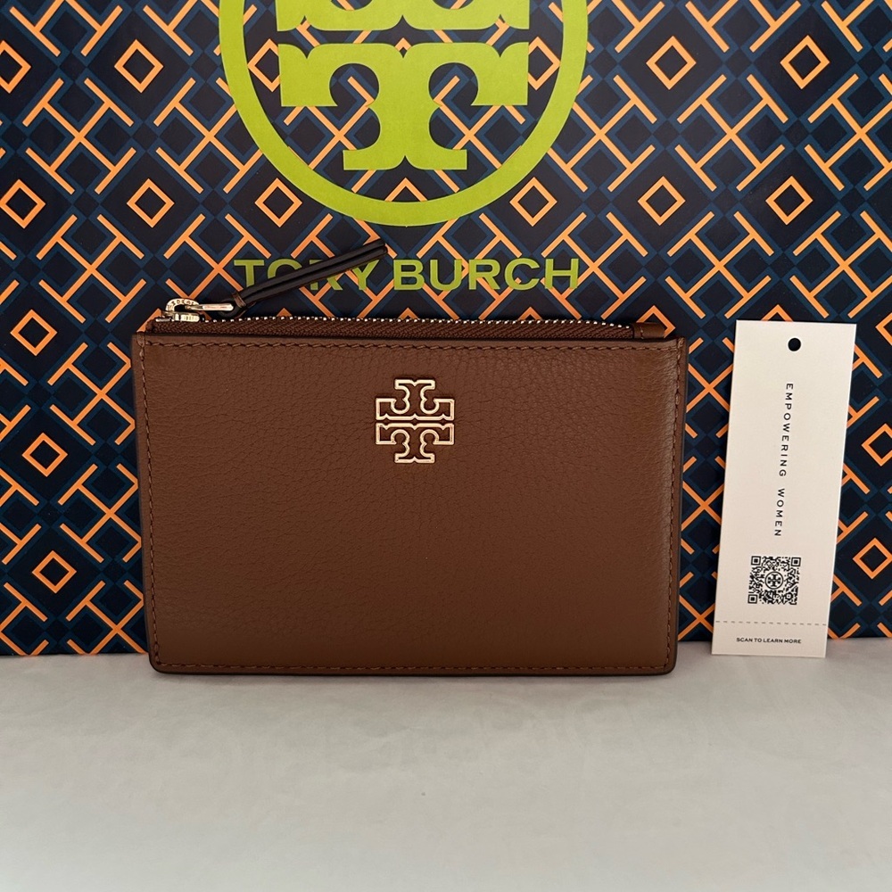 Tory Burch Britten Zip Card Case Card Wallet Moose Gold Tan Brown